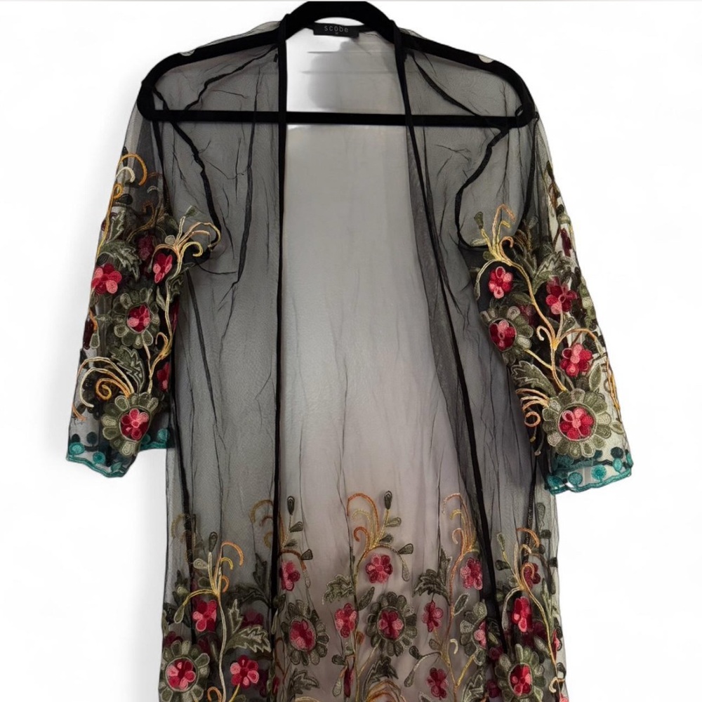 Elegant Black Sheer Robe with Floral Embroidery
